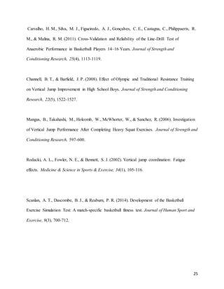 25
Carvalho, H. M., Silva, M. J., Figueiredo, A. J., Gonçalves, C. E., Castagna, C., Philippaerts, R.
M., & Malina, R. M. (2011). Cross-Validation and Reliability of the Line-Drill Test of
Anaerobic Performance in Basketball Players 14–16 Years. Journal of Strength and
Conditioning Research, 25(4), 1113-1119.
Channell, B. T., & Barfield, J. P. (2008). Effect of Olympic and Traditional Resistance Training
on Vertical Jump Improvement in High School Boys. Journal of Strength and Conditioning
Research, 22(5), 1522-1527.
Mangus, B., Takahashi, M., Holcomb, W., McWhorter, W., & Sanchez, R. (2006). Investigation
of Vertical Jump Performance After Completing Heavy Squat Exercises. Journal of Strength and
Conditioning Research, 597-600.
Rodacki, A. L., Fowler, N. E., & Bennett, S. J. (2002). Vertical jump coordination: Fatigue
effects. Medicine & Science in Sports & Exercise, 34(1), 105-116.
Scanlan, A. T., Dascombe, B. J., & Reaburn, P. R. (2014). Development of the Basketball
Exercise Simulation Test: A match-specific basketball fitness test. Journal of Human Sport and
Exercise, 9(3), 700-712.
 