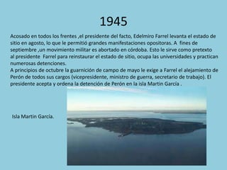 1945
Acosado en todos los frentes ,el presidente del facto, Edelmiro Farrel levanta el estado de
sitio en agosto, lo que l...