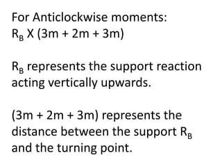For Anticlockwise moments:
RB X (3m + 2m + 3m)
RB represents the support reaction
acting vertically upwards.
(3m + 2m + 3m) represents the
distance between the support RB
and the turning point.
 