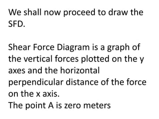 We shall now proceed to draw the
SFD.
Shear Force Diagram is a graph of
the vertical forces plotted on the y
axes and the horizontal
perpendicular distance of the force
on the x axis.
The point A is zero meters
 