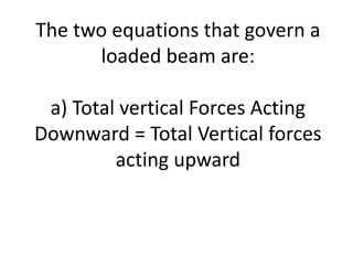 The two equations that govern a
loaded beam are:
a) Total vertical Forces Acting
Downward = Total Vertical forces
acting upward
 