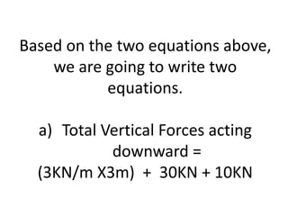 Based on the two equations above,
we are going to write two
equations.
a) Total Vertical Forces acting
downward =
(3KN/m X3m) + 30KN + 10KN
 