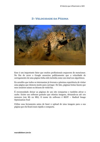 marcoblohem.com.br
8 Fatores que influenciam o SEO
3 - Velocidade da Página
Esse é um importante fator que muitos profissionais esquecem de mencionar.
No fim de 2010 o Google anunciou publicamente que a velocidade de
carregamento de uma página tinha sido incluída como um sinal nos algoritmos.
Eu acredito que todos os internautas já tiveram a péssima experiência de visitar
uma página que demora muito para carregar. De fato, páginas lentas fazem que
seus usuários saiam ou deixem de visitá-las.
É recomendado deixar as páginas de um site compactas e também ativar o
cache. Existe um software gratuito que otimiza imagens, deixando-as até 10x
menores (em Kb ou Mb). O nome do software é RIOT – Radical Image
Optmization Tool
Utilize essa ferramenta antes de fazer o upload de uma imagem para a sua
página que ela ficará mais rápida e compacta.
 