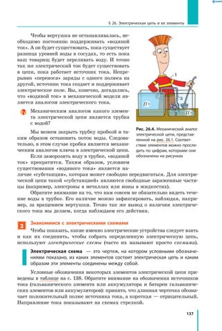 137
§ 26. Электрическая цепь и ее элементы
Чтобы вертушка не останавливалась, не­
обходимо постоянно поддерживать «водяной
ток». А он будет существовать, пока существует
разница уровней воды в сосудах, то есть пока
ваш товарищ будет переливать воду. И точно
так же электрический ток будет существовать
в цепи, пока работает источник тока. Непре­
рывно «перенося» заряды с одного полюса на
другой, источник тока создает и поддерживает
электрическое поле. Вы, конечно, догадались,
что «водяной ток» в механической модели яв­
ляется аналогом электрического тока.
Механическим аналогом какого элемен­
та электрической цепи является трубка
с водой?
Мы можем закрыть трубку пробкой и та­
ким образом остановить поток воды. Следова­
тельно, в этом случае пробка является механи­
ческим аналогом ключа в электрической цепи.
Если заморозить воду в трубке, «водяной
ток» прекратится. Таким образом, условием
существования «водяного тока» является на­
личие «субстанции», которая может свободно передвигаться. Для электри­
ческой цепи такой «субстанцией» являются свободные заряженные части­
цы (например, электроны в металлах или ионы в жидкостях).
Обратите внимание на то, что нам совсем не обязательно видеть тече­
ние воды в трубке. Его наличие можно зафиксировать, наблюдая, напри­
мер, за вращением вертушки. Точно так же вывод о наличии электриче­
ского тока мы делаем, когда наблюдаем его действия.
3
Знакомимся с электрическими схемами
Чтобы показать, какие именно электрические устройства следует взять
и как их соединить, чтобы собрать определенную электрическую цепь,
используют электрические схемы (часто их называют просто схемами).
Электрическая схема — это чертеж, на котором условными обозначе­
ниями показано, из каких элементов состоит электрическая цепь и каким
образом эти элементы соединены между собой.
Условные обозначения некоторых элементов электрической цепи при­
ведены в таблице на с. 138. Обратите внимание на обозначения источников
тока (гальванического элемента или аккумулятора и батареи гальваниче­
ских элементов или аккумуляторов): принято, что длинная черточка обозна­
чает положительный полюс источника тока, а короткая — отрицательный.
Направление тока показывают на схемах стрелкой.
Рис. 26.4. Механический аналог
электрической цепи, представ­
ленной на рис. 26.1. Соответ­
ствие элементов можно просле­
дить по цифрам, которыми они
обозначены на рисунках
2
3
1
П+
П–
 