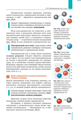 209
§ 39. Электрический ток в газах
Осуществляя тепловое движение, электрон
может столкнуться с нейтральной частицей и «при­
липнуть» к ней — образуется отрицательный ион
(рис. 39.3).
Процесс образования положительных и отрица­
тельных ионов и свободных электронов из моле­
кул (атомов) газа называют ионизацией.
Если ионизированный газ поместить в элек­
трическое поле, в результате действия этого поля
положительные ионы будут двигаться в направле­
нии силовых линий поля, а электроны и отрица­
тельные ионы — в противоположном направлении
(рис.  39.4). В газе возникнет электрический ток.
Электрический ток в газах представляет собой
направленное движение свободных электронов,
положительных и отрицательных ионов.
Электрический ток в газах иначе называют
газовым разрядом. Следует обратить внимание
на тот факт, что газ может стать ионизированным
не только в результате повышения его темпера­
туры, но и вследствие влияния других факторов.
Например, верхние слои атмосферы Земли ионизи­
руются под действием космических лучей; сильное
ионизирующее влияние на газ имеют рентгенов­
ские лучи и т. д.
3
Даём определение несамостоятельного
газового разряда
Опыты показывают: если устранить причину, ко­
торая вызвала ионизацию газа (убрать горелку,
выключить источник рентгеновского излучения
и  т.  д.), то газовый разряд обычно прекращается.
Газовый разряд, который происходит только при
наличии внешнего ионизатора, называют неса-
мостоятельным газовым разрядом.
Выясним, почему после окончания действия
ионизатора газовый разряд прекращается.
Во-первых, в процессе теплового движения
электронов и положительных ионов может про­
изойти рекомбинация — объединение их в ней­
тральную молекулу (атом) (рис. 39.5).
Рис. 39.2. Схема иони­
зации молекулы газа.
Потеряв в результате
столкновения электрон,
молекула становится
положительным ионом
Рис. 39.3. Схема обра­
зования отрицательных
ионов в газе: электрон
«прилипает» к нейтраль­
ной молекуле
Рис. 39.5. Схема реком­
бинации (восстановления)
молекул газа
Рис. 39.4. При наличии
электрического поля
в ионизированном газе
возникает направленное
движение свободных
заряженных частиц —
электрический ток
 