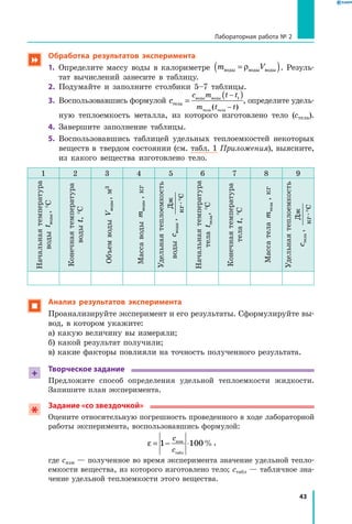 43
Лабораторная работа № 2
 Обработка результатов эксперимента
1.	 Определите массу воды в калориметре m Vводы воды воды=( )ρ . Резуль-
тат вычислений занесите в таблицу.
2.	 Подумайте и заполните столбики 5–7 таблицы.
3.	 Воспользовавшись формулой c
c m t t
m t t
тела
воды воды
тела тела
=
( )−
−
1
( )
, определите удель-
ную теплоемкость металла, из которого изготовлено тело  (cтела).
4.	 Завершите заполнение таблицы.
5.	 Воспользовавшись таблицей удельных теплоемкостей некоторых
веществ в  твердом состоянии (см. табл. 1 Приложения), выясните,
из какого вещества изготовлено тело.
1 2 3 4 5 6 7 8 9
Начальнаятемпература
водыtводы, °С
Конечнаятемпература
водыt,°С
ОбъемводыVводы,м3
Массаводыmводы,кг
Удельнаятеплоемкость
водыcводы,
Дж
кгС·°
Начальнаятемпература
телаtтела,°С
Конечнаятемпература
телаt,°С
Массателаmтела,кг
Удельнаятеплоемкость
cтела,
Дж
кгС·° Анализ результатов эксперимента
Проанализируйте эксперимент и его результаты. Сформулируйте вы-
вод, в котором укажите:
а) какую величину вы измеряли;
б) какой результат получили;
в) какие факторы повлияли на точность полученного результата.
+
Творческое задание
Предложите способ определения удельной теплоемкости жидкости.	
Запишите план эксперимента.
Задание «со звездочкой»
Оцените относительную погрешность проведенного в ходе лабораторной
работы эксперимента, воспользовавшись формулой:
ε = − ⋅1 100
c
c
изм
табл
%,
где cизм — полученное во время эксперимента значение удельной тепло-
емкости вещества, из которого изготовлено тело; cтабл — табличное зна-
чение удельной теплоемкости этого вещества.
 
