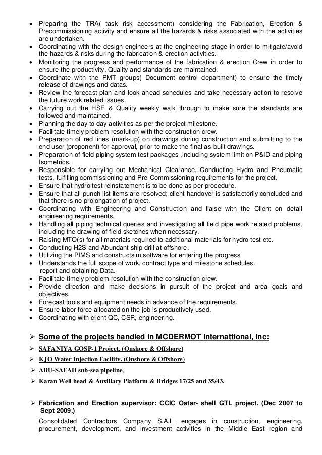 resume piping supervisor resume for supervisor in construction