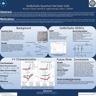 GaSb/GaAs Quantum Dot Solar CellsGaSb/GaAs Quantum Dot Solar Cells
Richard A. Gaona, Ramesh B. Laghumavarapu, Diana L. HuffakerRichard A. Gaona, Ramesh B. Laghumavarapu, Diana L. Huffaker
Abstract: Recently self-assembled quantum dots (QD) have been explored for high efficiencies in solar cells. In this work, we present the study of GaSb QDs in a GaAs matrix. 5 layers of GaSb QDs are inserted into
the intrinsic region of a GaAs p-i-n solar cell. These solar cells are characterized for optical and electrical properties via photoluminescence, I-V and spectral response measurements. The performance of GaSb QD solar cells has also
been compared with a GaAs control cell (with no QDs). The short circuit current, open circuit voltage and fill factors in the QDSC and control cells are 2.09788 mA, 0.600045 V, 65.07064 and 2.36410 mA, 0.920038 V, 76.92086
respectively. The GaSb QD solar cells have shown an extended spectral response (up to 1250 nm) compared GaAs control cell (900 nm) indicating QD contribution to photocurrent.
Motivation: In single junction cells the maximum energy conversion efficiency is limited to 33%. Quantum dot solar cells (QDSC) have potential for high efficiency (63%) with less complexity and cost. Moreover,
quantum confinement can be realized in order to expand spectral response. With proper choice of QD and barrier materials, QDSCs can be exploited to utilize carrier multiplication. GaSb QDs in GaAs matrix have longer carrier lifetimes
and longer wavelength absorption compared to well established InAs QDs. These qualities make GaSb/GaAs system attractive for high efficiency solar cells.
Background
Quantum Dots
Quantum confinement occurs as we define a family of
valid wave functions for carriers. To do so, we let the
dimensions of our quantum dots approach the carrier’s
deBroglie wavelength. As the energy of states varies with
volume, we can tune the band gap of our QDs. Thus, we
can insert these dots into the intrinsic region of a p-i-n
junction to absorb photons of energy less than that of the
junction band gap.1, 3, 4
Growth
We use molecular beam epitaxy in Stranski-Krastanov
mode to grow our GaSb/GaAs quantum dot solar cells.
Lattice mismatch (~7.8%) between GaSb & GaAs leads
to self-organized growth of islands, our quantum dots.
Five layers of dots are grown in the intrinsic region of
the p-i-n junction. Currently, no strain compensation is
employed in these devices.1, 3
GaSb/GaAs QDSCs
GaSb1
•Type II band structure
•Spatially indirect excitons
•Hole confinement of 540 meV
•Longer carrier lifetimes
•Increased infrared absorption up to 1250 nm
•Difficulty due to strong As/Sb intermixing
•Accumulation of strain as layers increase
Device Description
•P-i-n junction w/5 stack of QDs in i-region
•Spacers inserted between dot stacks to reduce
coupling & alleviate strain
•Stacking to inc. absorption causes strain that
deteriorates device performance
•5x5, 3x3, 2x2 (mm2
) cells
•SK growth allows for high dot density & small size
(~10-9
m)
•Constraints: dot size, uniformity, density1, 3
I-V Characterization Future Work
Test Parameters2
Short Circuit Current
Open Circuit Voltage
Fill Factor
Efficiency
ISC ≈ −IL (RP → ∞ ,VBias = 0)
Voc ≈
nkT
q
ln
ISC
I0
(I = 0,I0 = T
3
2
e
−Eg
nkT
)
FF =
Pmax
ISCVOC
Growth
•Strain compensation
•Different growing modes (IMF)
•Different materials (graphene?)5
•Passivation
•Better resolution
Device Design
•Anti-reflection coating
•Intermediate band
•Carrier multiplication
•Stack optimization
•QD coupling
Conclusions
Acknowledgements
Quantum dot solar cells posses certain theoretical
qualities that will increase the absorption
spectrum and efficiency of solar cells. Many
steps must be taken to ensure dot uniformity and
proper density and size during growth. Low FFs
show a great deal of defects in our GaSb/GaAs
quantum dot solar cells. Compared to control
cells, we have lower Isc & Voc, but a significant
improvement in absorption after 1100nm. Many
of these defects are caused by strain introduced
during quantum dot growth. Therefore, there is a
great deal of work to be done to reduce such
dislocations and move device performance to the
ideal case by optimizing manufacturing methods.
I would like to thank Diana Huffaker and her lab for all their hard work, Lockheed Martin for
their generous donation, and, most of all, Rick Ainsworth, Audrey Pool O’Neal, and the entire
CEED organization for allowing me this opportunity to broaden my education
References1.Laghumavrapu, Ramesh B., 2008, InAs/GaAs and GaSb/GaAs Quantum Dot Solar Cells, University of New Mexico, Albuquerque, 83 p.
2.Bowden, S., Honsberg, C., 2010, Solar Cell Operation, http://www.pveducation.org/pvcdrom/solar-cell-operation/solar-cell-structure (July 1, 2010)
3.Bimberg, D., et al.,1999, Quantum Dot Heterostructures, Wiley, West Sussex, 328 p.
4.Ryne P. Raffaelle, Stephanie L. Castro, Aloysius F. Hepp and Sheila G. Bailey, Prog. Photovolt: Res. Appl. 2002; 10:433–439
5.Berger, M., 2008, Graphene quantum dots as single-electron transistors, http://www.nanowerk.com/spotlight/spotid=5433.php (August 15, 2010)
6.Equivalent Circuit of a Solar Cell, Solar Cell, http://en.wikipedia.org/wiki/File:Solar_cell_equivalent_circuit.svg (August 15, 2010)
Photo courtesy of wikipedia.org6
I = ID + ISH − IL
AFM: GaSb/GaAs QD
P - Substrate
P - Base
N - Emitter
Quantum dots
15 nm
GaAs GaSb QD
Photos courtesy of Ramesh Laghumavarapu
Photo courtesy of Charles Reyner
Under Light Isc (mA) Voc (V) FF Efficiency
QDSC 2.09788 0.600045 65.07064 0.032765
Control Cell 2.36410 0.920038 76.92086 0.066923
η =
Pmax
Pin
=
VOC ISC FF
Pin
Type II Band Gap
CB
GaAs
GaSb
GaAs
VB
~500meV
Light and dark QDSC and Control Cell current-voltage plots, used to derive Voc,
Isc, FF, and efficiency. Light measurements were taken under AM 1.5 spectrum.
PL intensity showing QD contribution
to infrared absorption
Indirect excitons
 