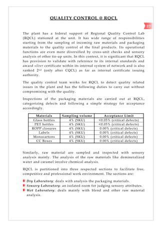 QUALITY CONTROL @ RQCL
The plant has a federal support of Regional Quality Control Lab
(RQCL) stationed at the unit. It has wide range of responsibilities
starting from the sampling of incoming raw materials and packaging
materials to the quality control of the final products. Its operational
functions are even more diversified by cross-unit checks and sensory
analysis of other tie-up units. In this context, it is significant that RQCL
has provision to validate with reference to its internal standards and
award silver certificate within its internal system of network and is also
ranked 2nd (only after CQCL) as far as internal certificate issuing
authority.
The quality control team works for RQCL to detect quality related
issues in the plant and has the following duties to carry out without
compromising with the quality.
Inspections of the packaging materials are carried out at RQCL,
categorizing defects and following a simple strategy for acceptance
accordingly.
Materials Sampling volume Acceptance Limit
Glass bottles 4% (SKU) <0.05% (critical defects)
PET bottles 4% (SKU) <0.05% (critical defects)
ROPP closures 4% (SKU) 0.00% (critical defects)
Labels 4% (SKU) 0.00% (critical defects)
Monocartons 4% (SKU) 0.00% (critical defects)
CC Boxes 4% (SKU) 0.00% (critical defects)
Similarly, raw material are sampled and inspected with sensory
analysis mainly. The analysis of the raw materials like demineralized
water and caramel involve chemical analysis.
RQCL is partitioned into three respected sections to facilitate free,
competitive and professional work environment. The sections are:
Dry Laboratory: deals with analysis the packaging materials.
Sensory Laboratory: an isolated room for judging sensory attributes.
Wet Laboratory: deals mainly with blend and other raw material
analysis.
37
 