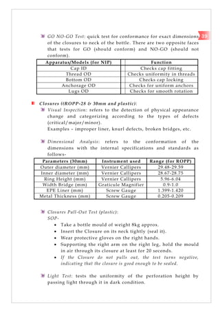 GO NO-GO Test: quick test for conformance for exact dimensions
of the closures to neck of the bottle. There are two opposite faces
that tests for GO (should conform) and NO-GO (should not
conform).
Apparatus/Models (for NIP) Function
Cap ID Checks cap fitting
Thread OD Checks uniformity in threads
Bottom OD Checks cap locking
Anchorage OD Checks for uniform anchors
Lugs OD Checks for smooth rotation
Closures ((ROPP-28 & 30mm and plastic):
Visual Inspection: refers to the detection of physical appearance
change and categorizing according to the types of defects
(critical/major/minor).
Examples – improper liner, knurl defects, broken bridges, etc.
Dimensional Analysis: refers to the conformation of the
dimensions with the internal specifications and standards as
follows-
Parameters (30mm) Instrument used Range (for ROPP)
Outer diameter (mm) Vernier Callipers 29.48-29.59
Inner diameter (mm) Vernier Callipers 28.67-28.75
Ring Height (mm) Vernier Callipers 5.96-6.04
Width Bridge (mm) Graticule Magnifier 0.9-1.0
EPE Liner (mm) Screw Gauge 1.399-1.420
Metal Thickness (mm) Screw Gauge 0.205-0.209
Closures Pull-Out Test (plastic):
SOP-
 Take a bottle mould of weight 8kg approx.
 Insert the Closure on its neck tightly (seal it).
 Wear protective gloves on the right hands.
 Supporting the right arm on the right leg, hold the mould
in air through its closure at least for 20 seconds.
 If the Closure do not pulls out, the test turns negative,
indicating that the closure is good enough to be sealed.
Light Test: tests the uniformity of the perforation height by
passing light through it in dark condition.
39
 