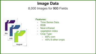 Features:
- Time Series Data
- RGB
- Near-infrared
- vegetation index
- Crop Type:
- 60% corn
- 40% 6 other crops
Image Data
May
July
August
8,000 Images for 900 Fields
 