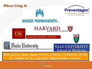 Whose Using It:Whose Using It:
BOGALUSA Heart Study, SWAN, TODAY, COMPASS, PTSD,
etc. Studies in USA, and other clinical studies overseas.
 