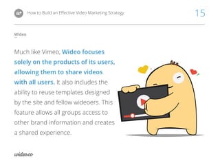 How to Build an Eﬀective Video Marketing Strategy 15
Wideo
Much like Vimeo, Wideo focuses
solely on the products of its us...