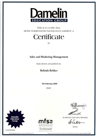B.Bekker - Damelin - Sales & Marketing Management Certificate