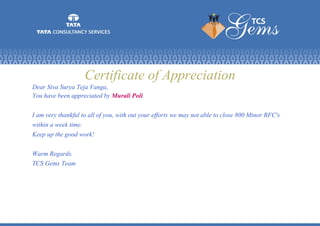 Certificate of Appreciation
Dear Siva Surya Teja Vanga,
You have been appreciated by Murali Poli.
I am very thankful to all of you, with out your efforts we may not able to close 800 Minor RFC's
within a week time.
Keep up the good work!
Warm Regards.
TCS Gems Team
 