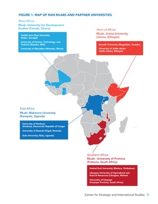 Center for Strategic and International Studies 5
RILab: Makerere University
(Kampala, Uganda)
University of Kinshasa
(Kinshasa, Democratic Republic of Congo)
University of Rwanda (Kigali, Rwanda)
Gulu University (Gulu, Uganda)
RILab: University of Pretoria
(Pretoria, South Africa)
Ezekiel Guti University (Bindura, Zimbabwe)
Lilongwe University of Agricultural and
Natural Resources (Lilongwe, Malawi)
University of Limpopo
(Limpopo Province, South Africa)
RILab: Jimma University
(Jimma, Ethiopia)
Benadir University (Mogadishu, Somalia)
University of Addis Ababa
(Addis Ababa, Ethiopia)
RILab: University for Development
Studies (Tamale, Ghana)
Cheikh Anta Diop University
(Dakar, Senegal)
University of Science, Technology, and
Technics (Bamako, Mali)
University of Education (Winneba, Ghana)
West Africa
Horn of Africa
East Africa
Southern Africa
FIGURE 1. MAP OF RAN RILABS AND PARTNER UNIVERSITIES
 