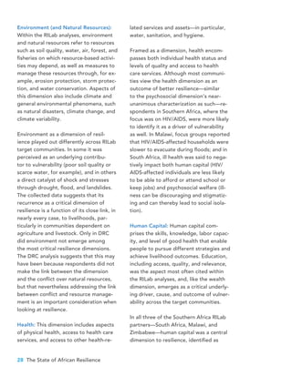28 The State of African Resilience
Environment (and Natural Resources):
Within the RILab analyses, environment
and natural resources refer to resources
such as soil quality, water, air, forest, and
fisheries on which resource-based activi-
ties may depend, as well as measures to
manage these resources through, for ex-
ample, erosion protection, storm protec-
tion, and water conservation. Aspects of
this dimension also include climate and
general environmental phenomena, such
as natural disasters, climate change, and
climate variability.
Environment as a dimension of resil-
ience played out differently across RILab
target communities. In some it was
perceived as an underlying contribu-
tor to vulnerability (poor soil quality or
scarce water, for example), and in others
a direct catalyst of shock and stresses
through drought, flood, and landslides.
The collected data suggests that its
recurrence as a critical dimension of
resilience is a function of its close link, in
nearly every case, to livelihoods, par-
ticularly in communities dependent on
agriculture and livestock. Only in DRC
did environment not emerge among
the most critical resilience dimensions.
The DRC analysis suggests that this may
have been because respondents did not
make the link between the dimension
and the conflict over natural resources,
but that nevertheless addressing the link
between conflict and resource manage-
ment is an important consideration when
looking at resilience.
Health: This dimension includes aspects
of physical health, access to health care
services, and access to other health-re-
lated services and assets—in particular,
water, sanitation, and hygiene.
Framed as a dimension, health encom-
passes both individual health status and
levels of quality and access to health
care services. Although most communi-
ties view the health dimension as an
outcome of better resilience—similar
to the psychosocial dimension’s near-
unanimous characterization as such—re-
spondents in Southern Africa, where the
focus was on HIV/AIDS, were more likely
to identify it as a driver of vulnerability
as well. In Malawi, focus groups reported
that HIV/AIDS-affected households were
slower to evacuate during floods; and in
South Africa, ill health was said to nega-
tively impact both human capital (HIV/
AIDS-affected individuals are less likely
to be able to afford or attend school or
keep jobs) and psychosocial welfare (ill-
ness can be discouraging and stigmatiz-
ing and can thereby lead to social isola-
tion).
Human Capital: Human capital com-
prises the skills, knowledge, labor capac-
ity, and level of good health that enable
people to pursue different strategies and
achieve livelihood outcomes. Education,
including access, quality, and relevance,
was the aspect most often cited within
the RILab analyses, and, like the wealth
dimension, emerges as a critical underly-
ing driver, cause, and outcome of vulner-
ability across the target communities.
In all three of the Southern Africa RILab
partners—South Africa, Malawi, and
Zimbabwe—human capital was a central
dimension to resilience, identified as
 