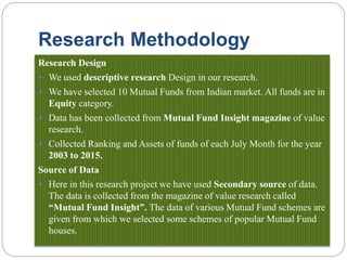 Research Methodology
Research Design
 We used descriptive research Design in our research.
 We have selected 10 Mutual Funds from Indian market. All funds are in
Equity category.
 Data has been collected from Mutual Fund Insight magazine of value
research.
 Collected Ranking and Assets of funds of each July Month for the year
2003 to 2015.
Source of Data
 Here in this research project we have used Secondary source of data.
The data is collected from the magazine of value research called
“Mutual Fund Insight”. The data of various Mutual Fund schemes are
given from which we selected some schemes of popular Mutual Fund
houses.
 