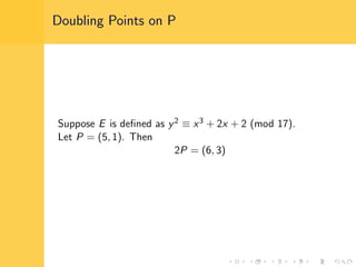 Doubling Points on P
Suppose E is deﬁned as y2 ≡ x3 + 2x + 2 (mod 17).
Let P = (5, 1). Then
2P = (6, 3)
 