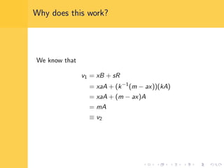 Why does this work?
We know that
v1 = xB + sR
= xaA + (k−1
(m − ax))(kA)
= xaA + (m − ax)A
= mA
≡ v2
 