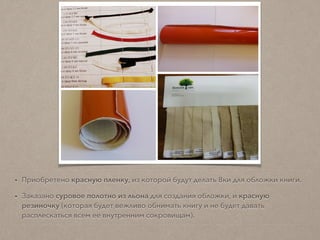 • Приобретена красная пленка, из которой будут делать 8ки для обложки книги.
• Заказано суровое полотно из льона для создания обложки, и красная
резиночка (которая будет вежливо обнимать книгу и не будет давать
расплескаться всем ее внутренним сокровищам).
 