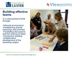 Building effective teams In a short period of time through: Informal environment Establishing shared meanings and priorities Facilitating discussions and the sharing of ideas Consensus building Collaborative development of the workshop output 