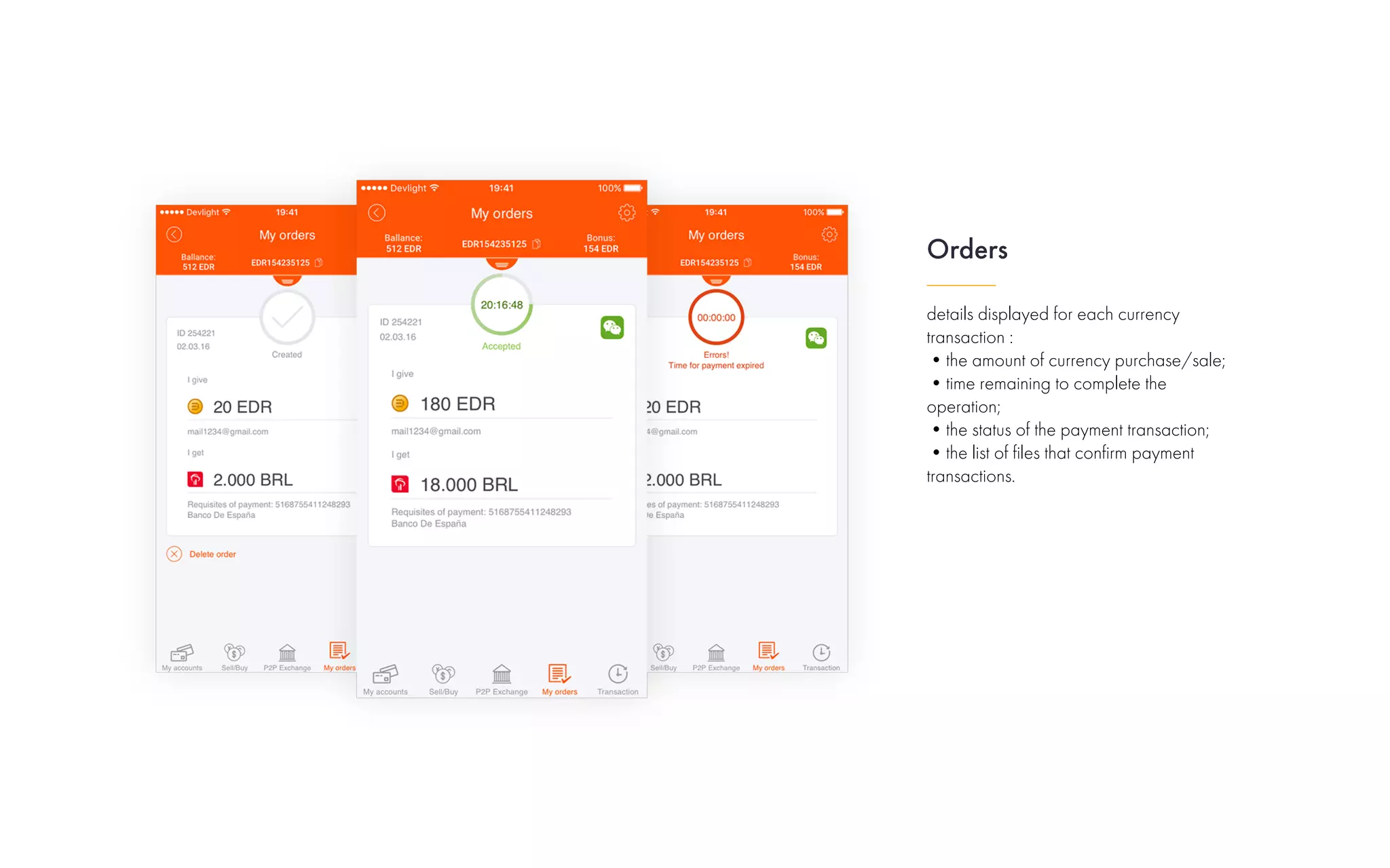 details displayed for each currency
transaction :
•the amount of currency purchase/sale;
•time remaining to complete the
operation;
•the status of the payment transaction;
•the list of files that confirm payment
transactions.
Orders
 