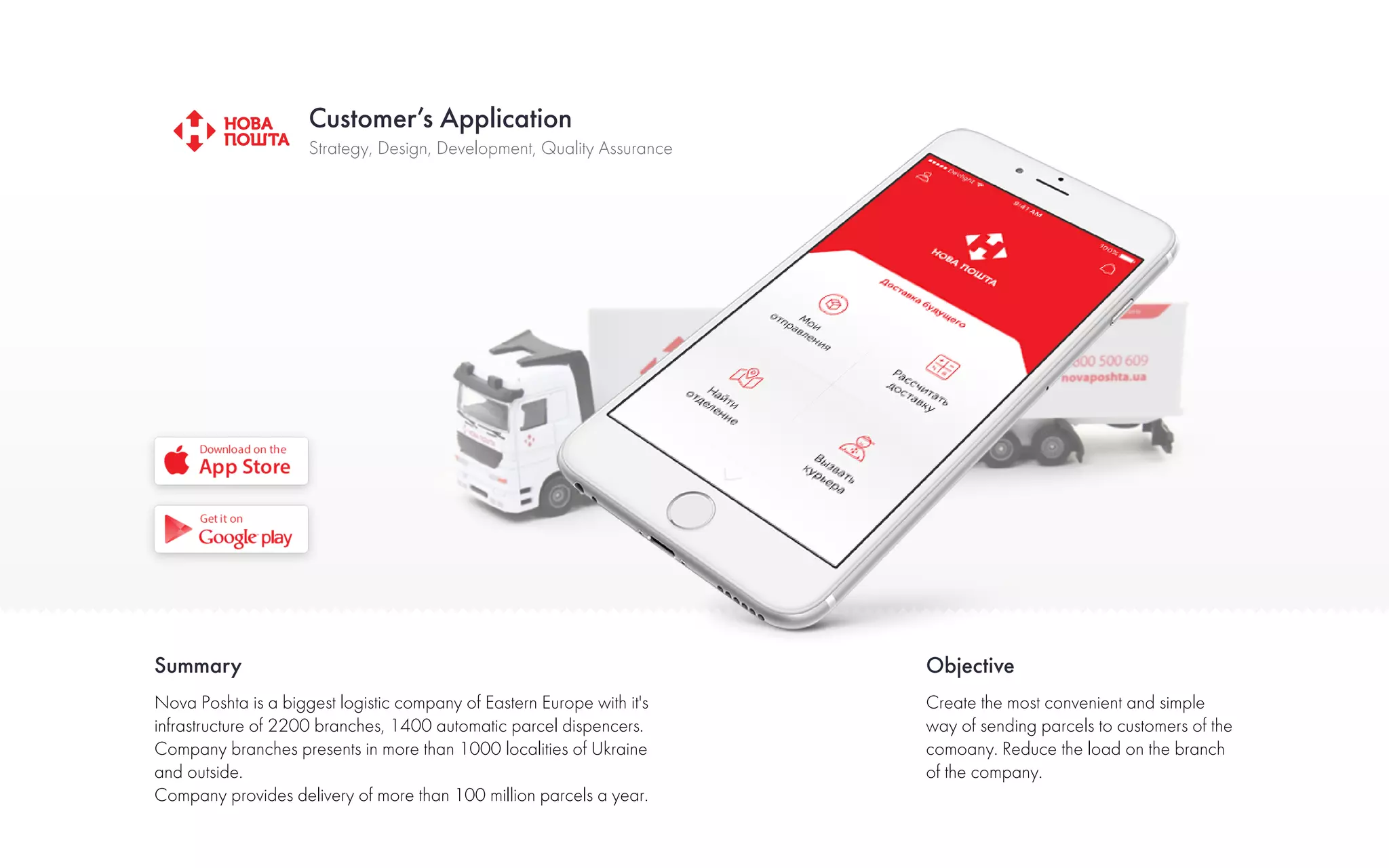 Customer’s Application
Summary Objective
Strategy, Design, Development, Quality Assurance
Nova Poshta is a biggest logistic company of Eastern Europe with it's
infrastructure of 2200 branches, 1400 automatic parcel dispencers.
Company branches presents in more than 1000 localities of Ukraine
and outside.
Company provides delivery of more than 100 million parcels a year.
Create the most convenient and simple
way of sending parcels to customers of the
comoany. Reduce the load on the branch
of the company.
 