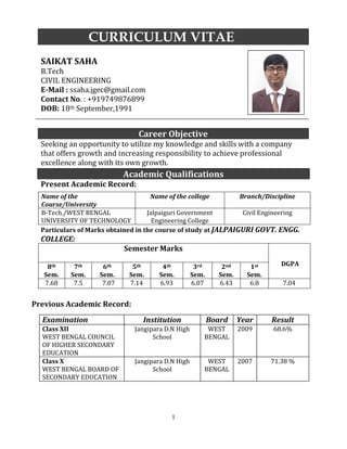 1
CURRICULUM VITAE
SAIKAT SAHA
B.Tech
CIVIL ENGINEERING
E-Mail : ssaha.jgec@gmail.com
Contact No. : +919749876899
DOB: 18th September,1991
Career Objective
Seeking an opportunity to utilize my knowledge and skills with a company
that offers growth and increasing responsibility to achieve professional
excellence along with its own growth.
Present Academic Record:
Name of the
Course/University
Name of the college Branch/Discipline
B-Tech./WEST BENGAL
UNIVERSITY OF TECHNOLOGY
Jalpaiguri Government
Engineering College
Civil Engineering
Particulars of Marks obtained in the course of study at JALPAIGURI GOVT. ENGG.
COLLEGE:
Semester Marks
DGPA8th
Sem.
7th
Sem.
6th
Sem.
5th
Sem.
4th
Sem.
3rd
Sem.
2nd
Sem.
1st
Sem.
7.68 7.5 7.07 7.14 6.93 6.07 6.43 6.8 7.04
Academic Qualifications
Previous Academic Record:
Examination Institution Board Year Result
Class XII
WEST BENGAL COUNCIL
OF HIGHER SECONDARY
EDUCATION
Jangipara D.N High
School
WEST
BENGAL
2009 68.6%
Class X
WEST BENGAL BOARD OF
SECONDARY EDUCATION
Jangipara D.N High
School
WEST
BENGAL
2007 71.38 %
 