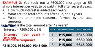 EXAMPLE 2: You took out a ₱300,000 mortgage at 5%
simple interest per year, to be paid in full after several years.
a. How much interest is added each year?
b. What are the total amounts after 1, 2, and 3 years
c. Write the arithmetic sequence formed by the total
amounts.
d. What is the total amount after 12 years?
Solution:
Interest = ₱300,000 x 5%
Interest (per year) =
₱15,000
YEAR INTEREST EARNED TOTAL AMOUNT
1 ₱15,000 ₱315,000
2 ₱15,000 ₱330,000
3 ₱15,000 ₱345,000
Arithmetic Sequence
₱315,000, ₱330,000, ₱345,000,…
 