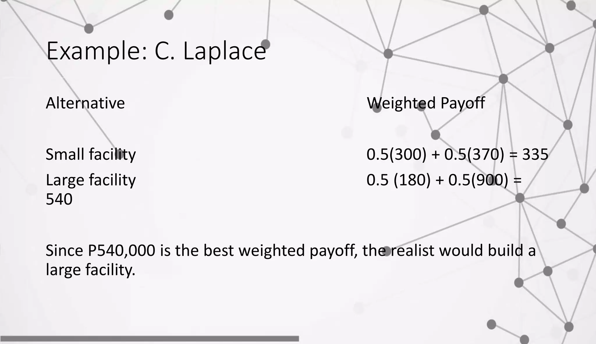 Example: C. Laplace
Alternative Weighted Payoff
Small facility 0.5(300) + 0.5(370) = 335
Large facility 0.5 (180) + 0.5(900) =
540
Since P540,000 is the best weighted payoff, the realist would build a
large facility.
 
