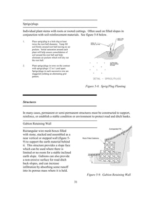 31
Sprigs/plugs
Individual plant stems with roots or rooted cuttings. Often used on filled slopes in
conjunction with soil reinforcement materials. See figure 5-8 below.
1. Place sprig/plug in a hole dug at least
twice the root ball diameter. Tamp fill
soil firmly around root ball leaving no air
pockets. Initial saturation around each
plant will help ensure consolidation of
soil around the root ball and help
eliminate air pockets which will dry out
the root ball.
2. Plant sprigs/plugs in rows on the contour
with sprigs/plugs 1/2 to 1 yard apart.
Sprigs/plugs in each successive row are
staggered yielding an alternating grid
pattern.
Structures
In many cases, permanent or semi-permanent structures must be constructed to support,
reinforce, or establish a stable condition or environment to protect road and ditch banks.
Gabion Retaining Wall
Rectangular wire mesh boxes filled
with stone, stacked and assembled as a
near vertical or stepped wall (figure 5-
9) to support the earth material behind
it. This structure provides a slope face
which can be used where there is
limited or no room for a stable inclined
earth slope. Gabions can also provide
a non-erosive surface for road ditch
back-slopes, and can increase
infiltration by absorbing some runoff
into its porous mass where it is held.
Figure 5-9. Gabion Retaining Wall
Figure 5-8. Sprig/Plug Planting
Compacted Fill
Rock Filled Gabions
 