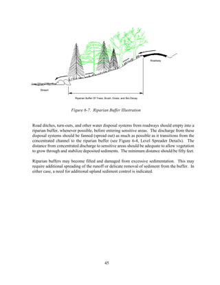 Road ditches, turn-outs, and other water disposal systems from roadways should empty into a
riparian buffer, whenever possible, before entering sensitive areas. The discharge from these
disposal systems should be fanned (spread out) as much as possible as it transitions from the
concentrated channel to the riparian buffer (see Figure 6-4, Level Spreader Details). The
distance from concentrated discharge to sensitive areas should be adequate to allow vegetation
to grow through and stabilize deposited sediments. The minimum distance should be fifty feet.
Riparian buffers may become filled and damaged from excessive sedimentation. This may
require additional spreading of the runoff or delicate removal of sediment from the buffer. In
either case, a need for additional upland sediment control is indicated.
45
Roadway
Stream
Riparian Buffer Of Trees, Brush, Grass, and Bio-Decay
Figure 6-7. Riparian Buffer Illustration
 