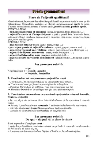 191
Précis grammatical
Place de l’adjectif qualiﬁcatif
Généralement, la plupart des adjectifs qualiﬁcatifs se placent après le nom qu’ils
déterminent. Cependant, certains se placent obligatoirement après le nom,
d’autres normalement avant, d’autres enﬁn, parfois avant, parfois après.
AVANT LE NOM
– nombres numéraux et ordinaux : deux, deuxième, trois, troisième ... ;
– adjectifs courts et d’usage fréquent : petit / grand, bon / mauvais, beau,
jolie, court / long, prochain, dernier, autre, nouveau, cher, jeune, vieux, vrai, faux,
gros, rare, meilleur, pire.
APRÉS LE NOM
g , ,
– adjectifs de couleur : bleu, jaune, blanc, rouge ... ;
– participes passés et adjectifs verbaux : ayant, gagnat, connu, ravi ... ;
– adjectifs évoquant une relation : solaire, maritime, aérien, électrique ... ;
– adjectifs indiquant une forme : carré, ovale, hexagonal ... ;
– adjectifs dérivés d’un nom propre : pasteurisé, juif ....
– adjectis courts suivis d’un complément : grand comme…, bon pour la pou-
belle.
Les pronoms relatifs
+ qui
 Préposition }+ lequel / laquelle
+ lesquels / lesquelles
1. L’antécédent est une personne – préposition + qui
– C’est un ami. Je vais souvent faire de la bicyclette avec cet ami.
→ C’est un ami avec qui je vais souvent faire de la bicyclette.
– Monsieur Durand est un collègue. Vous pouvez compter sur lui.
→ Monsieur Durand est un collègue sur qui vous pouvez compter.
2. L’antécédent est une chose ou un animal – préposition + lequel, laquelle,
lesquels, lesquelles
– Au zoo, il y a des animaux. Il est interdit de donner de la nourriture à ces ani-
maux.
→ Au zoo, il y a des animaux auxquels il est interdit de donner la nourriture.
– Voici des photos sur lesquelles on peut voir toute ma famille.
– Une scie est un instrument avec lequel on coupe le bois.
Les pronoms relatifs
De qui – duquel (à la place de dont)
Il est impossible d’employer dont :
• après les prépositions composées : à côté de, près de, à cause de, au-dessus de,
au milieu de, au cours de, etc.
– Il y a souvent des concerts dans l’église. J’habite en face de cette église.
 