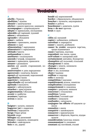201
Vocabulaire
A
abeille f бджола
abolition f відміна
aboutir v закінчуватися
abriter v давати притулок; захищати
accompagner v супроводжувати
adepte m прихильник, послідовник
adorable adj чарівний, чудовий
adorer v обожнювати
agrandir v збільшити
aimer v любити
alarmer v тривожити, лякати
aliment m харч
alimentation f харчування
alimenter(s’) v харчуватися
altitude f висота
ambassadeur m посол
améliorer v поліпшувати
amende f штраф, покарання
amener v приводити, привозити
amuser v розважити
ancien adj давній; старовинний; ко-
лишній
anniversaire m день народження
apercevoir v помічати, бачити
apeuré adj наляканий, переляканий
appellation f назва
apprécier v оцінювати
approfondie adj поглиблений
aptitude f схильність
assurer v забезпечувати
attacher v прив’язувати
augmentation f збільшення
avenir m майбутнє
aventure f пригода
aviron m весло
B
baigner v купати, омивати
bagarrer (se) v сваритися
banlieue f передмістя
berge f берег річки
bientôt скоро
bilingue adj двомовний
blesser v поранити, пошкодити
bricoler v майструвати
bois m ліс, дерево
bondé adj переповнений
border v обрамовувати, обсаджувати
boucher v затикати, закупорювати
boulot m робота
bourdonner v дзижчати, гудіти
bras m de mer протока
bruit m шум
C
câlin adj ласкавий
сapter v добиватися, упіймати
carrefour m перехрестя
casser v ламати, розбивати
casser la croûte заморити черв’яка,
трохи підживитися
cause f причина, підстава
сependant тим часом, однак
cerf-volant m паперовий змій
certainement звичайно, безперечно
champêtre adj польовий; сільський
changement m зміна
changer v міняти, змінювати
château m замок
char m віз; колісниця
chute f падіння
coiffeur m перукар
colis m посилка
compétition f змагання
copmlètement цілком, повністю
complication f ускладнення
comportement m поведінка
compter v рахувати; вважати
concerner v стосуватися
condition f умова
confection f готовий одяг
conﬁner v межувати
confondre v змішувати;
conjuguer les efforts об’єднувати зу-
силля
connaître v знати
сonquérir v завойовувати
consacrer v присвячувати
conserver v зберігати, берегти, підтри-
мувати
considération f розгляд; повага
consommateur m споживач
constant adj постійний, сталий
 