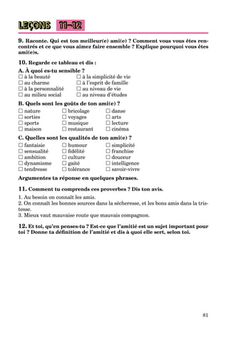 81
LEÇONS 11–12
9. Raconte. Qui est ton meilleur(e) ami(e) ? Comment vous vous êtes ren-
contrés et ce que vous aimez faire ensemble ? Explique pourquoi vous êtes
ami(e)s.
10. Regarde ce tableau et dis :
A. À quoi es-tu sensible ?
 à la beauté  à la simplicité de vie
 au charme  à l’esprit de famille
 à la personnalité  au niveau de vie
 au milieu social  au niveau d’études
B. Quels sont les goûts de ton ami(e) ?
 nature  bricolage  danse
 sorties  voyages  arts
 sports  musique  lecture
 maison  restaurant  cinéma
C. Quelles sont les qualités de ton ami(e) ?
 fantaisie  humour  simplicité
 sensualité  ﬁdélité  franchise
 ambition  culture  douceur
 dynamisme  gaіté  intelligence
 tendresse  tolérance  savoir-vivre
Argumentes ta réponse en quelques phrases.
11. Comment tu comprends ces proverbes ? Dis ton avis.
1. Au besoin on connaît les amis.
2. On connaît les bonnes sources dans la sécheresse, et les bons amis dans la tris-
tesse.
3. Mieux vaut mauvaise route que mauvais compagnon.
12. Et toi, qu’en penses-tu ? Est-ce que l’amitié est un sujet important pour
toi ? Donne ta déﬁnition de l’amitié et dis à quoi elle sert, selon toi.
 
