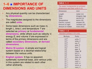24
1–6 ■ IMPORTANCE OF
DIMENSIONS AND UNITS
• Any physical quantity can be characterized
by dimensions.
• The magnitudes a...