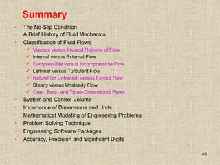 49
Summary
• The No-Slip Condition
• A Brief History of Fluid Mechanics
• Classification of Fluid Flows
 Viscous versus I...