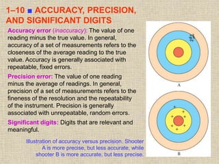 43
1–10 ■ ACCURACY, PRECISION,
AND SIGNIFICANT DIGITS
Accuracy error (inaccuracy): The value of one
reading minus the true value. In general,
accuracy of a set of measurements refers to the
closeness of the average reading to the true
value. Accuracy is generally associated with
repeatable, fixed errors.
Precision error: The value of one reading
minus the average of readings. In general,
precision of a set of measurements refers to the
fineness of the resolution and the repeatability
of the instrument. Precision is generally
associated with unrepeatable, random errors.
Significant digits: Digits that are relevant and
meaningful.
Illustration of accuracy versus precision. Shooter
A is more precise, but less accurate, while
shooter B is more accurate, but less precise.
 