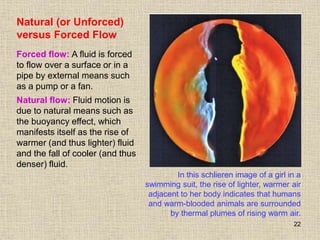 22
Natural (or Unforced)
versus Forced Flow
Forced flow: A fluid is forced
to flow over a surface or in a
pipe by external means such
as a pump or a fan.
Natural flow: Fluid motion is
due to natural means such as
the buoyancy effect, which
manifests itself as the rise of
warmer (and thus lighter) fluid
and the fall of cooler (and thus
denser) fluid.
In this schlieren image of a girl in a
swimming suit, the rise of lighter, warmer air
adjacent to her body indicates that humans
and warm-blooded animals are surrounded
by thermal plumes of rising warm air.
 