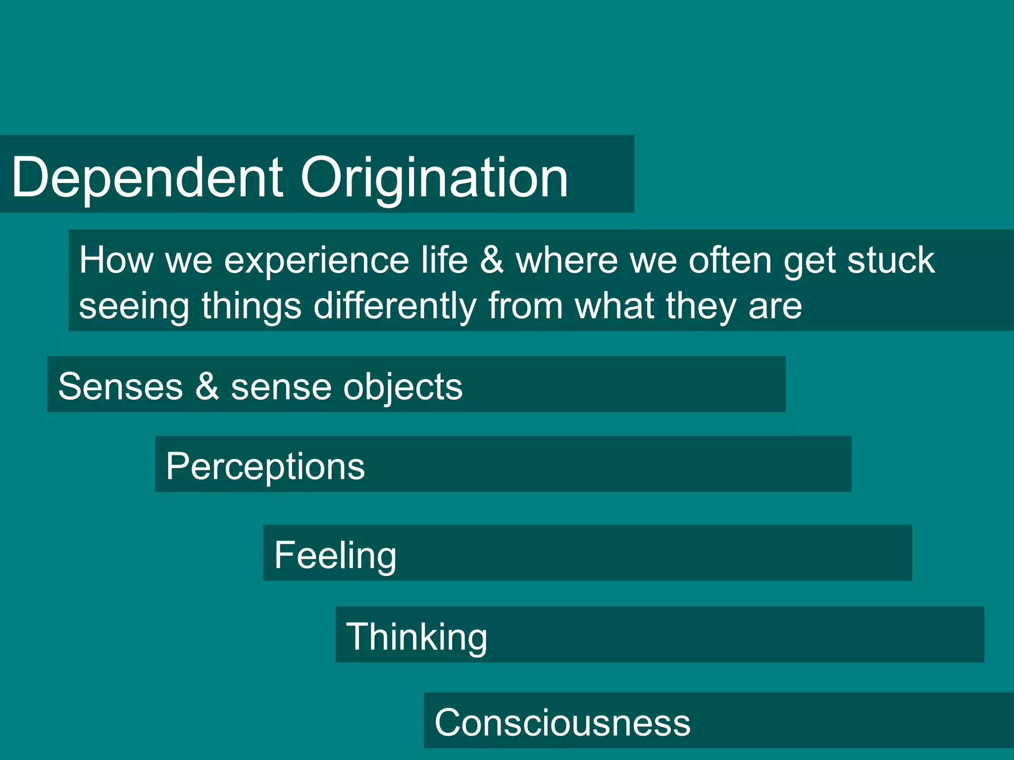 Dependent Origination
How we experience life & where we often get stuck
seeing things differently from what they are
Senses & sense objects
Perceptions
Feeling
Thinking
Consciousness
 