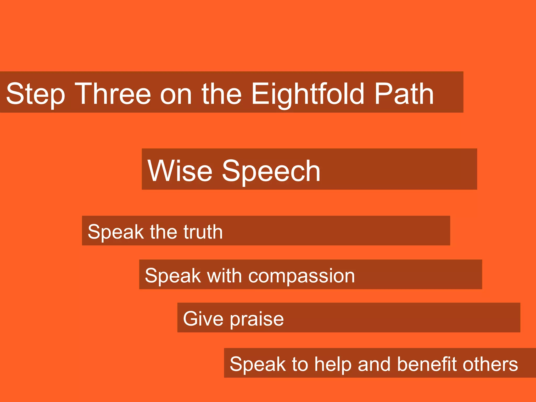 Step Three on the Eightfold Path
Wise Speech
Speak the truth
Speak with compassion
Give praise
Speak to help and benefit others
 