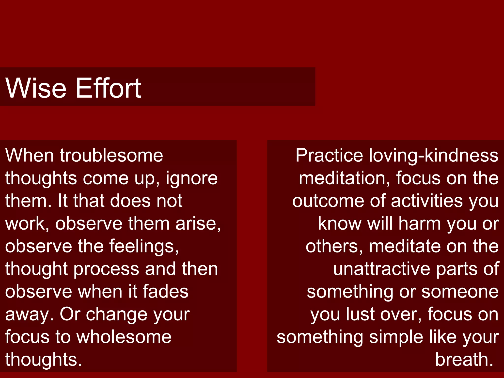 Wise Effort
When troublesome
thoughts come up, ignore
them. It that does not
work, observe them arise,
observe the feelings,
thought process and then
observe when it fades
away. Or change your
focus to wholesome
thoughts.
Practice loving-kindness
meditation, focus on the
outcome of activities you
know will harm you or
others, meditate on the
unattractive parts of
something or someone
you lust over, focus on
something simple like your
breath.
 
