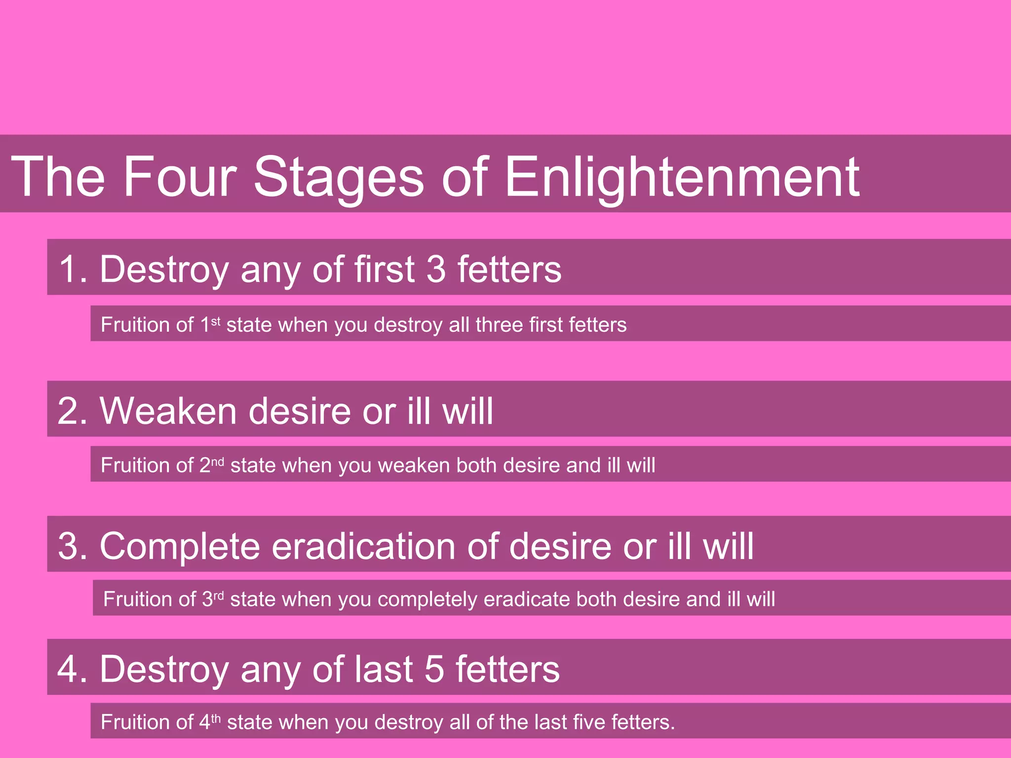The Four Stages of Enlightenment
1. Destroy any of first 3 fetters
2. Weaken desire or ill will
3. Complete eradication of desire or ill will
4. Destroy any of last 5 fetters
Fruition of 1st
state when you destroy all three first fetters
Fruition of 2nd
state when you weaken both desire and ill will
Fruition of 3rd
state when you completely eradicate both desire and ill will
Fruition of 4th
state when you destroy all of the last five fetters.
 