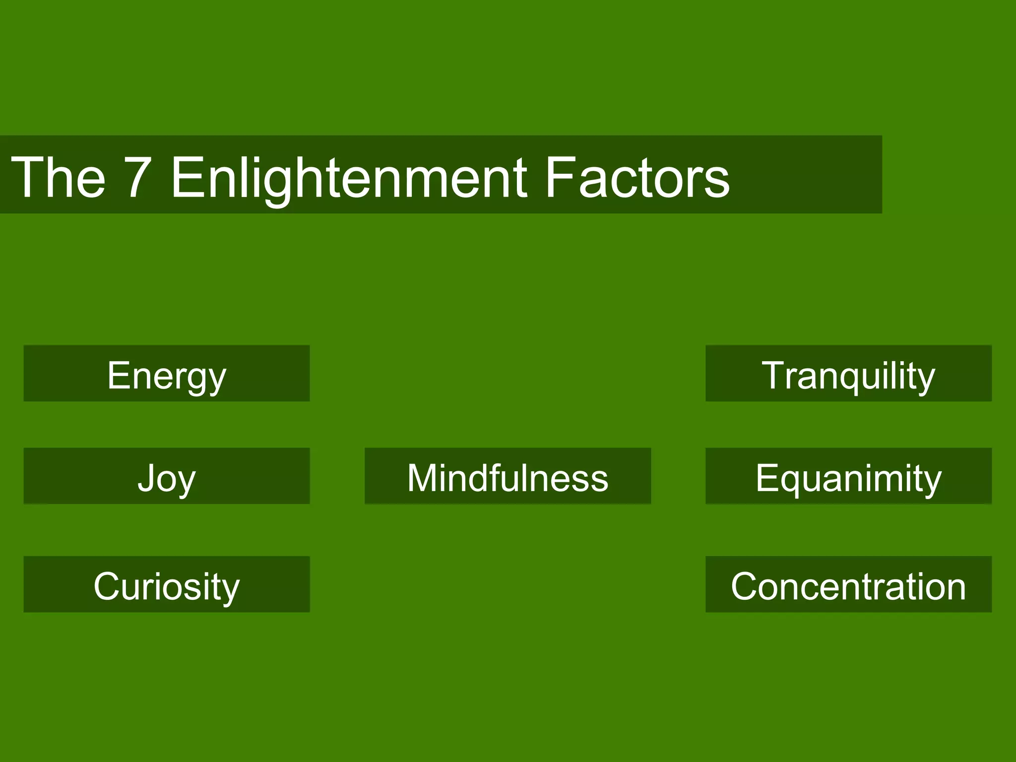 The 7 Enlightenment Factors
Energy
Joy
Tranquility
Concentration
EquanimityMindfulness
Curiosity
 