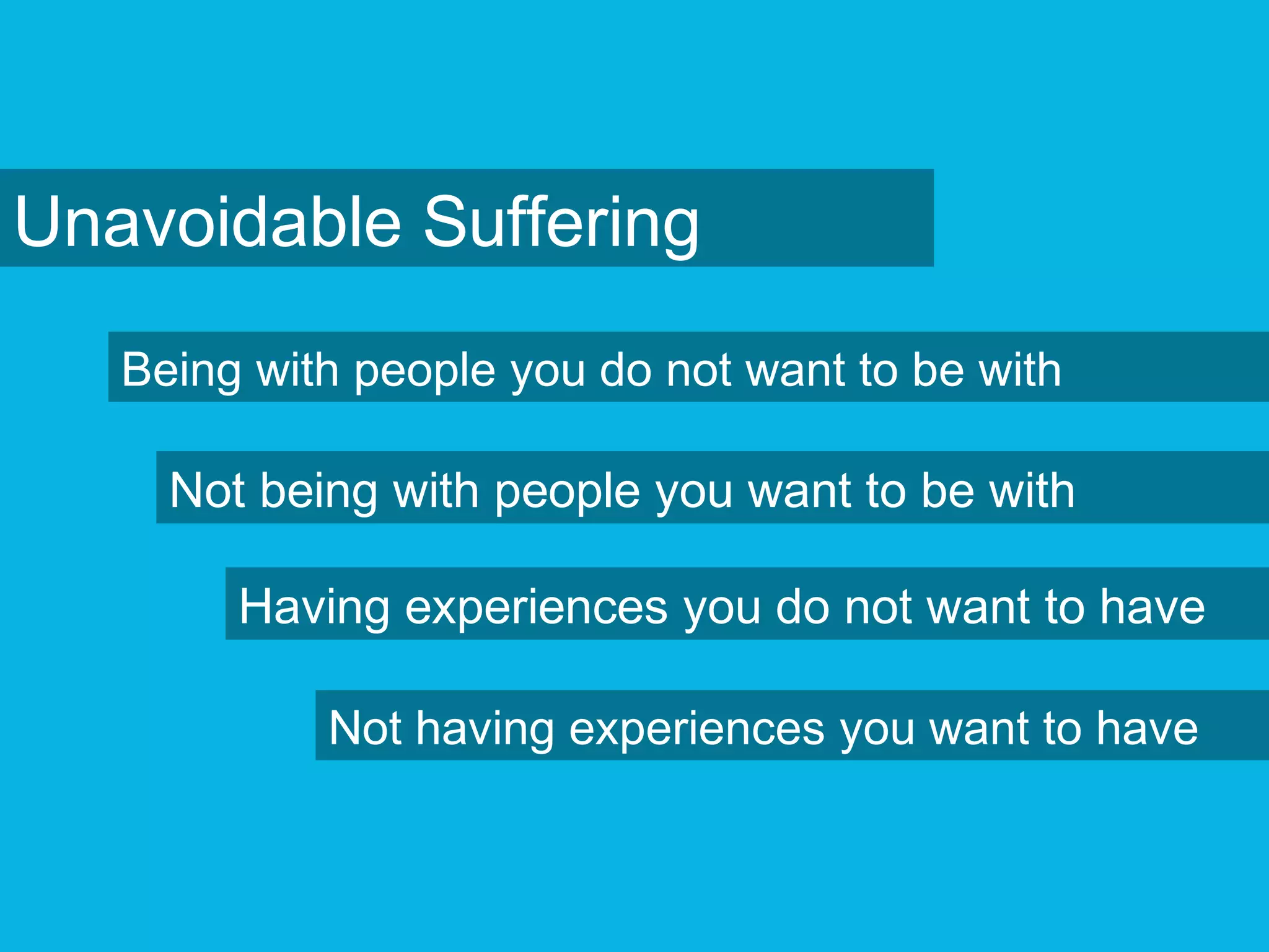 Unavoidable Suffering
Being with people you do not want to be with
Not being with people you want to be with
Having experiences you do not want to have
Not having experiences you want to have
 