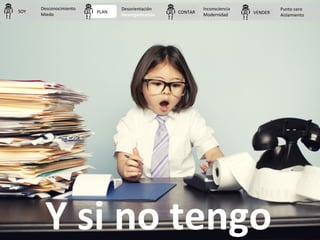 Y si no tengo
PLAN CONTAR VENDERSOY
Desconocimiento
Miedo
Desorientación
Desorganización
Inconsciencia
Modernidad
Punto ce...