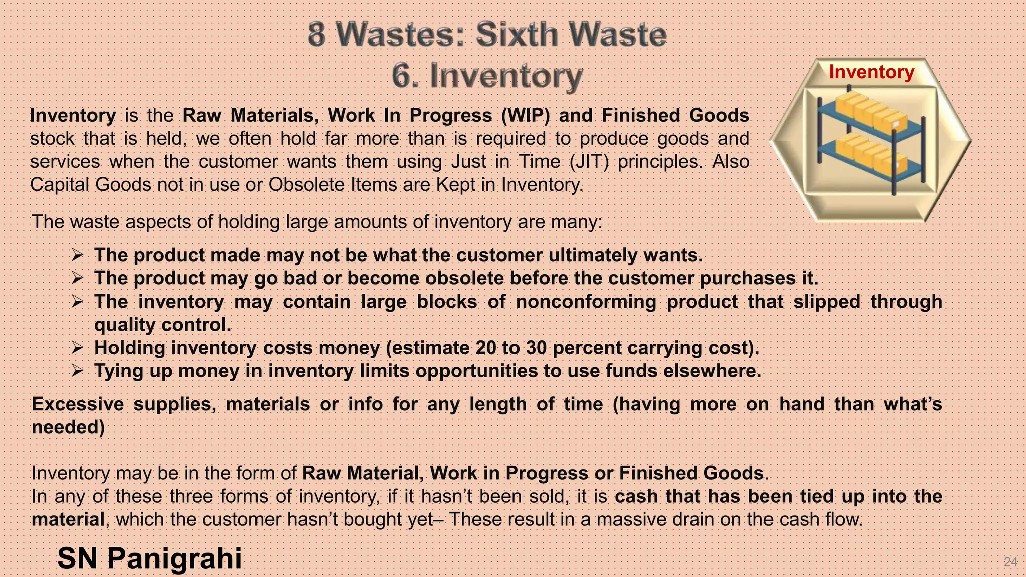 24
The waste aspects of holding large amounts of inventory are many:
 The product made may not be what the customer ultimately wants.
 The product may go bad or become obsolete before the customer purchases it.
 The inventory may contain large blocks of nonconforming product that slipped through
quality control.
 Holding inventory costs money (estimate 20 to 30 percent carrying cost).
 Tying up money in inventory limits opportunities to use funds elsewhere.
Excessive supplies, materials or info for any length of time (having more on hand than what’s
needed)
Inventory may be in the form of Raw Material, Work in Progress or Finished Goods.
In any of these three forms of inventory, if it hasn’t been sold, it is cash that has been tied up into the
material, which the customer hasn’t bought yet– These result in a massive drain on the cash flow.
SN Panigrahi
Inventory
Inventory is the Raw Materials, Work In Progress (WIP) and Finished Goods
stock that is held, we often hold far more than is required to produce goods and
services when the customer wants them using Just in Time (JIT) principles. Also
Capital Goods not in use or Obsolete Items are Kept in Inventory.
 