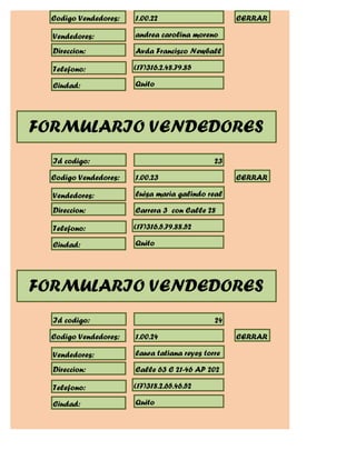 Codigo Vendedores:   1.00.22                     CERRAR

  Vendedores:          andrea carolina moreno

  Direccion:           Avda Francisco Newball

  Telefono:            (17)316.2.48.79.85

  Ciudad:              Quito




FORMULARIO VENDEDORES
  Id codigo:                                  23

  Codigo Vendedores:   1.00.23                     CERRAR

  Vendedores:          luisa maria galindo real

  Direccion:           Carrera 3 con Calle 28

  Telefono:            (17)316.5.79.88.52

  Ciudad:              Quito




FORMULARIO VENDEDORES
  Id codigo:                                  24

  Codigo Vendedores:   1.00.24                     CERRAR

  Vendedores:          laura tatiana reyes torre

  Direccion:           Calle 63 C 21-46 AP 202

  Telefono:            (17)318.2.65.46.52

  Ciudad:              Quito
 