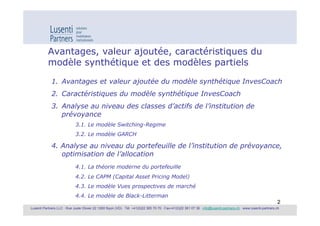 Avantages, valeur ajoutée, caractéristiques du
           modèle synthétique et des modèles partiels

             1. Avantages et valeur ajoutée du modèle synthétique InvesCoach
             2. Caractéristiques du modèle synthétique InvesCoach
             3. Analyse au niveau des classes d’actifs de l’institution de
                prévoyance
                            3.1. Le modèle Switching-Regime
                            3.2. Le modèle GARCH

             4. Analyse au niveau du portefeuille de l’institution de prévoyance,
                optimisation de l’allocation
                            4.1. La théorie moderne du portefeuille
                            4.2. Le CAPM (Capital Asset Pricing Model)
                            4.3. Le modèle Vues prospectives de marché
                            4.4. Le modèle de Black-Litterman
                                                                                                                                                               2
Lusenti Partners LLC · Rue Juste Olivier 22 1260 Nyon (VD) · Tél. +41(0)22 365 70 70 · Fax+41(0)22 361 07 36 · info@lusenti-partners.ch · www.lusenti-partners.ch
 